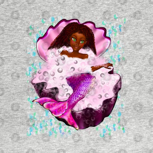 Mermaid spa day in Oyster clam shell 2 - Black anime mermaid in bubble bath. Pretty black girl with Afro hair, green eyes, Cherry pink lips and dark brown skin. Hair love ! by Artonmytee